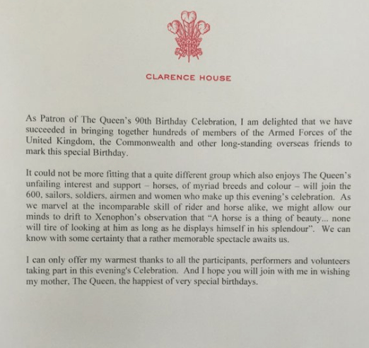 La note du prince Charles organisateur des réjouissances